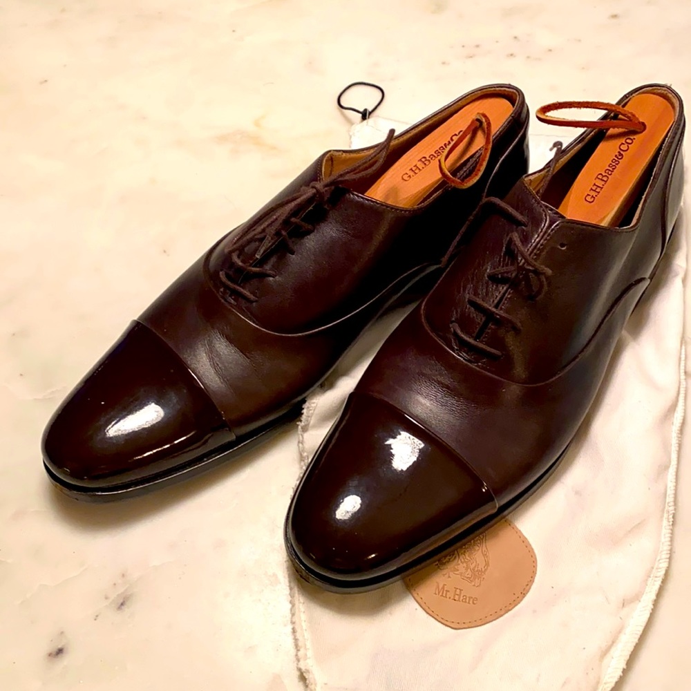 Mr. Hare brown tuxedo shoe. Patent leather tips
